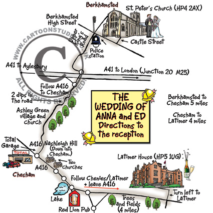 Wedding map for directions to church and reception.